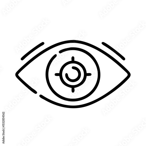 Eye with a target in the pupil, black outline, simple design, focused vision, clear aim, precise goal set