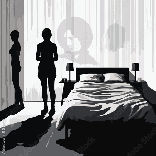 Modern Twin Bed Room with Faceless People in Black and White - Interior Design Concept