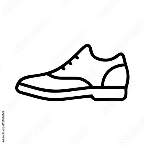Side view of a single dress shoe with laces and a heel, outlined in black on a white background space