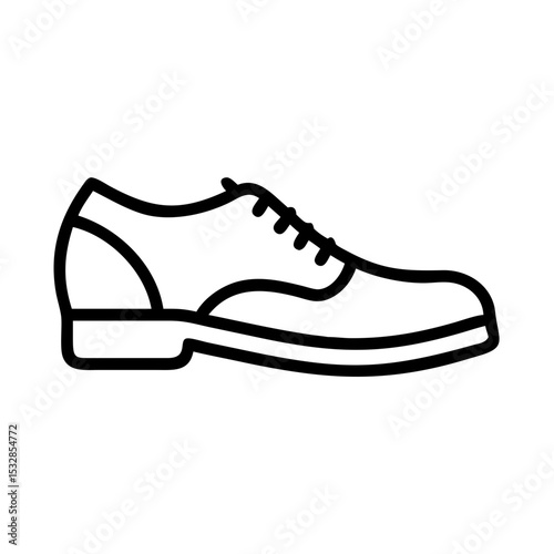 A simple line drawing of a single black and white dress shoe with laces on a white background image