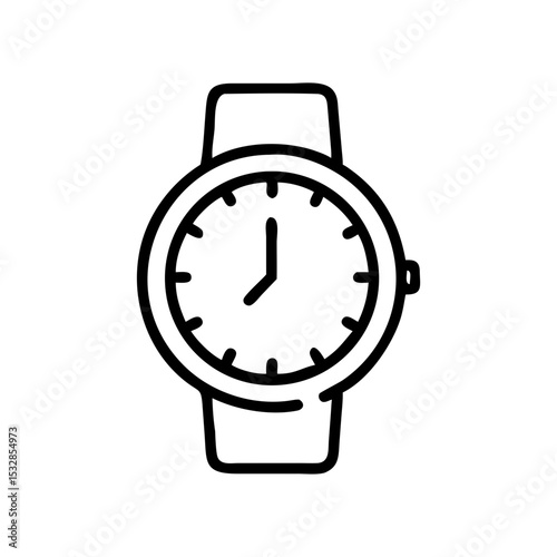 Simple graphic of a wristwatch with a plain band and a round face showing the time as seven o clock