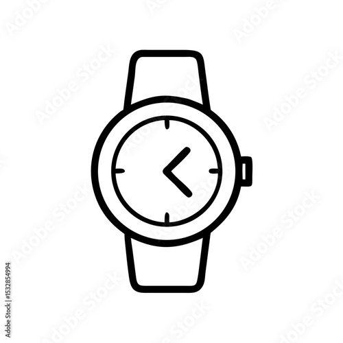 A simple graphic of a wristwatch with a round face and a band shown in black lines on white background