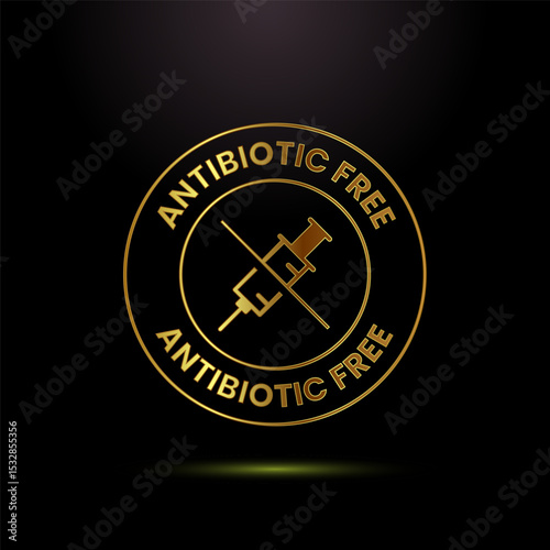 Antibiotic free icon design illustration, No antibiotic label badge in gold color style