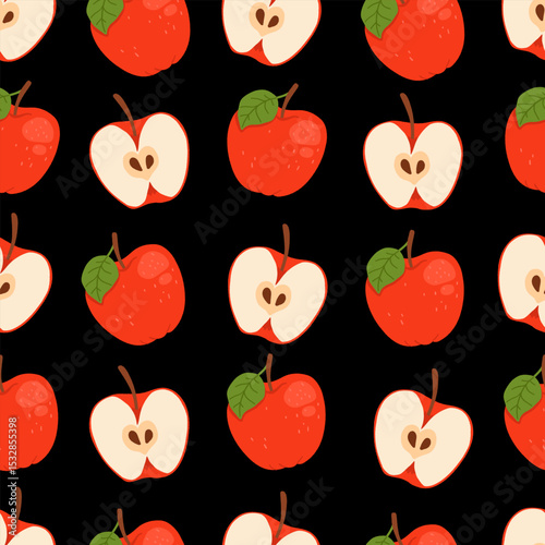 Seamless pattern with red apples on a black background. Whole and sliced apple. The design is great for wallpaper, fabric, labels, packaging.