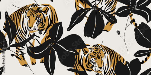 Tiger and Flowers in a Seamless Floral Pattern