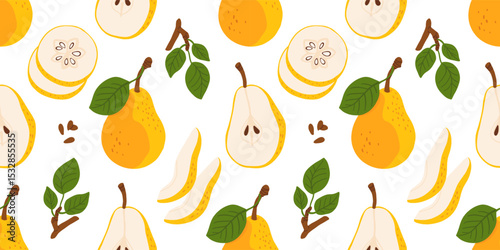 Seamless pattern with cartoon yellow pears in modern flat style. Fruit background. Vector printing for fabric and wallpaper. Cute fruits on a white background