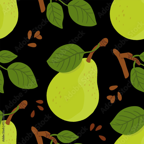 Seamless pattern with cartoon green pears in modern flat style. Fruit background. Vector printing for fabric and wallpaper. Cute fruits on a black background