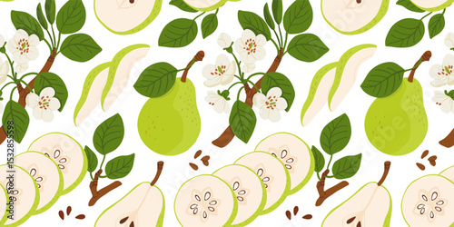 Seamless pattern with cartoon green pears in modern flat style. Fruit background. Vector printing for fabric and wallpaper. Cute fruits on a white background