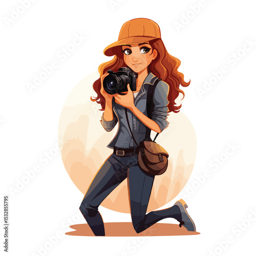 Professional Cartoon Vector Illustration of a Female Photographer Capturing Moments