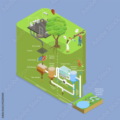 3D Isometric Flat Vector Illustration of Discharge of Liquid Chemical Waste, Sewage Filtration In Wastewater Treatment Process