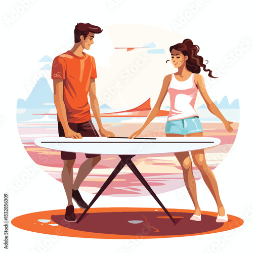 Young Couple Enjoying Summer in Swimsuit with Surf Vector Illustration