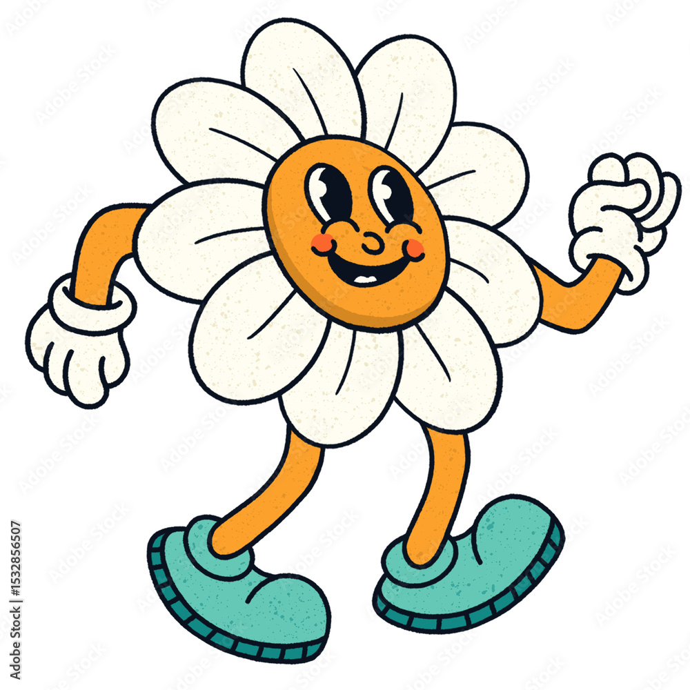 Naklejka premium Daisy character is dancing in flat design on clear background with white gloves turquoise sneakers