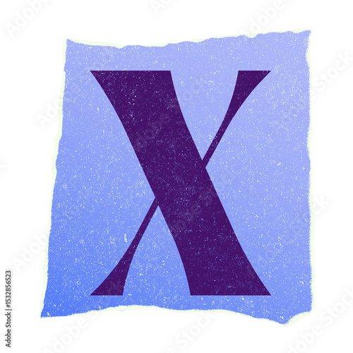 Stylized letter X is resting on grainy torn light blue block in flat design, transparent background