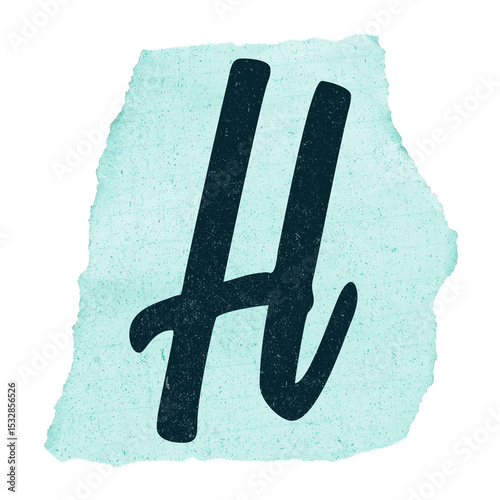 Flat brush script letter H is floating on torn turquoise paper speckled on transparent background