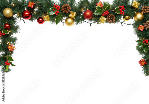 Christmas garland border with ornaments and lights