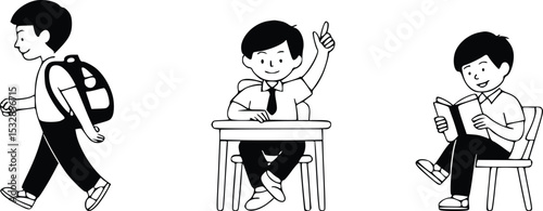 A charming illustration shows three elementary school boys engaging in various activities like walking to school with a backpack, participating in class by raising their hand, and sitting attentively 