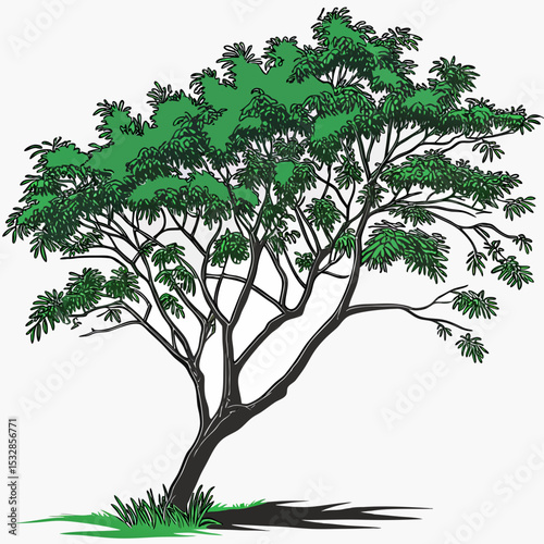 Lush green tree illustration with bent trunk