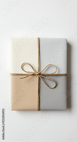 Minimalist gift wrapped in color block paper and jute twine on white, gift, present, wrapped, wrapping, color block, minimalist, neutral, beige, grey, gray, jute, twine, string, bow, package, tied, ho