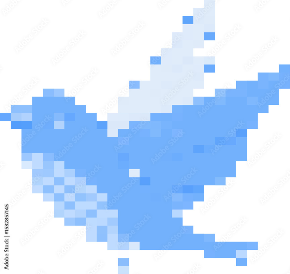 Obraz premium Pixelated bird is flying in flat style, featuring blocky blue pixels on transparent background