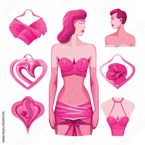 Breast Cancer Awareness: Set of Five Icons Vector Illustration for Causes and Charity Campaigns