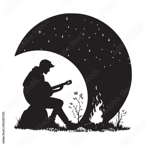 Silhouette of man playing guitar by campfire under night sky