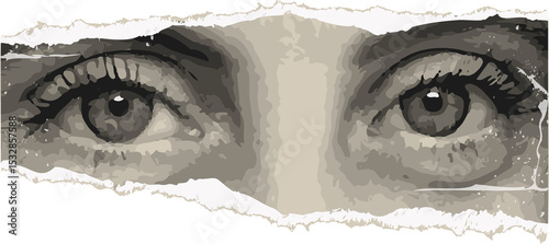 Pair of eyes are emerging through torn paper in stylized gray vector art, transparent background