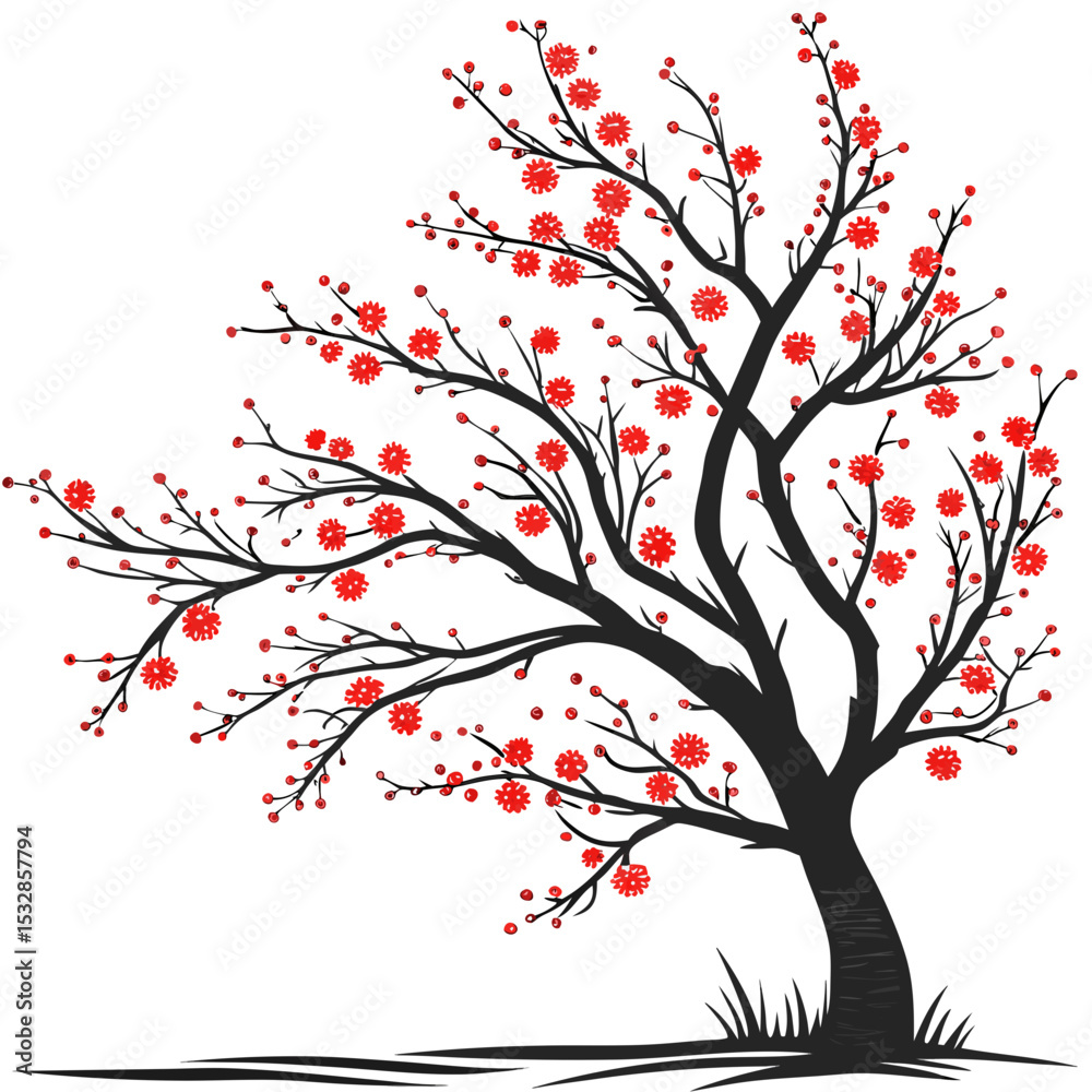 Fototapeta premium Stylized tree with red virus blossom design