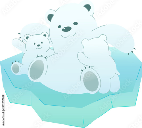 Polar bear family is sitting on turquoise ice floe on transparent background in minimalist pastel