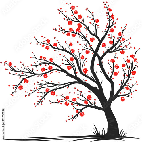 Stylized tree with red virus blossom design