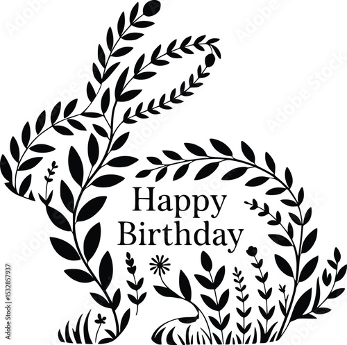 Elegant floral bunny design perfect for birthday cards invitations stationery and crafting projects featuring a whimsical rabbit silhouette created with leaves and flowers.