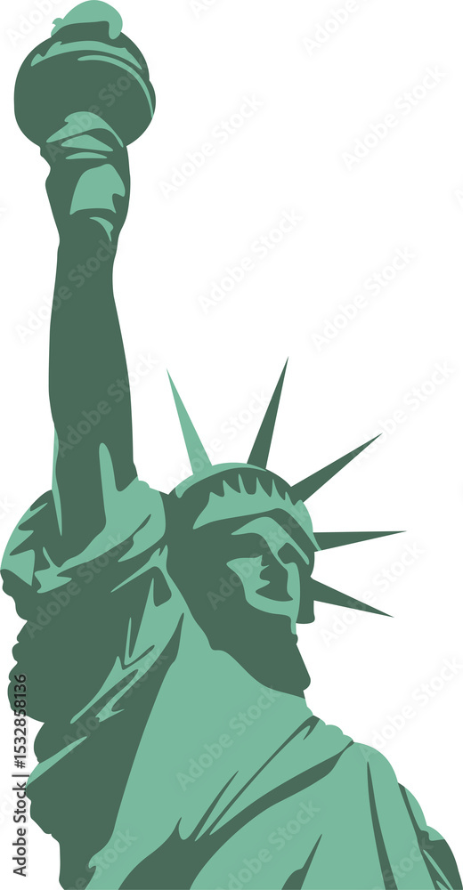 Obraz premium Statue of Liberty head crown robe and torch are floating in green duotone transparent background