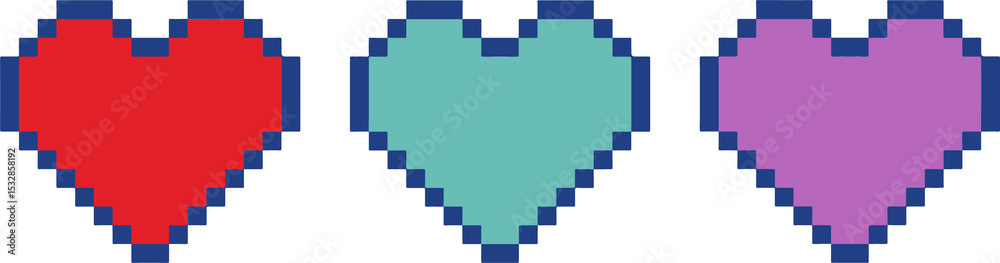 Fototapeta premium Showing three pixel art hearts in red teal lavender with dark blue border on transparent background