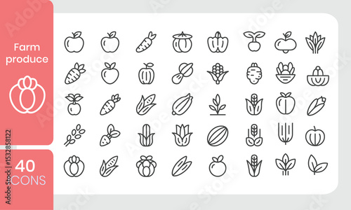 Collection of farm produce icons in line art featuring various vegetables and fruits