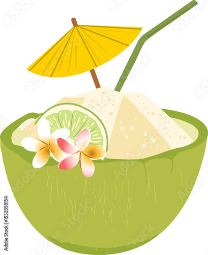 Tropical coconut drink illustration is floating on transparent background showing shaved ice, lime