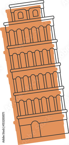Flat vector art is showing leaning bell tower with arches, columns, bands on transparent background