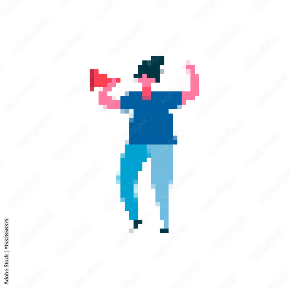 Obraz premium A pixelated character with raised arms and a small red object, showcasing mosaic-style art.