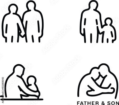 Simple Line Drawings Illustrating Father Son Bonds Affectionate Moments Family Relationships Parenting, silhouette
