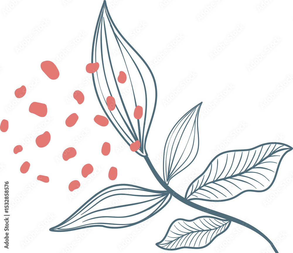 Obraz premium Stylized branch is arching, showing leaves and floating coral ovals on transparent background