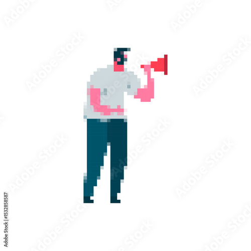 Icon showing a person using a megaphone in pixel style, ideal for fun or playful messages.