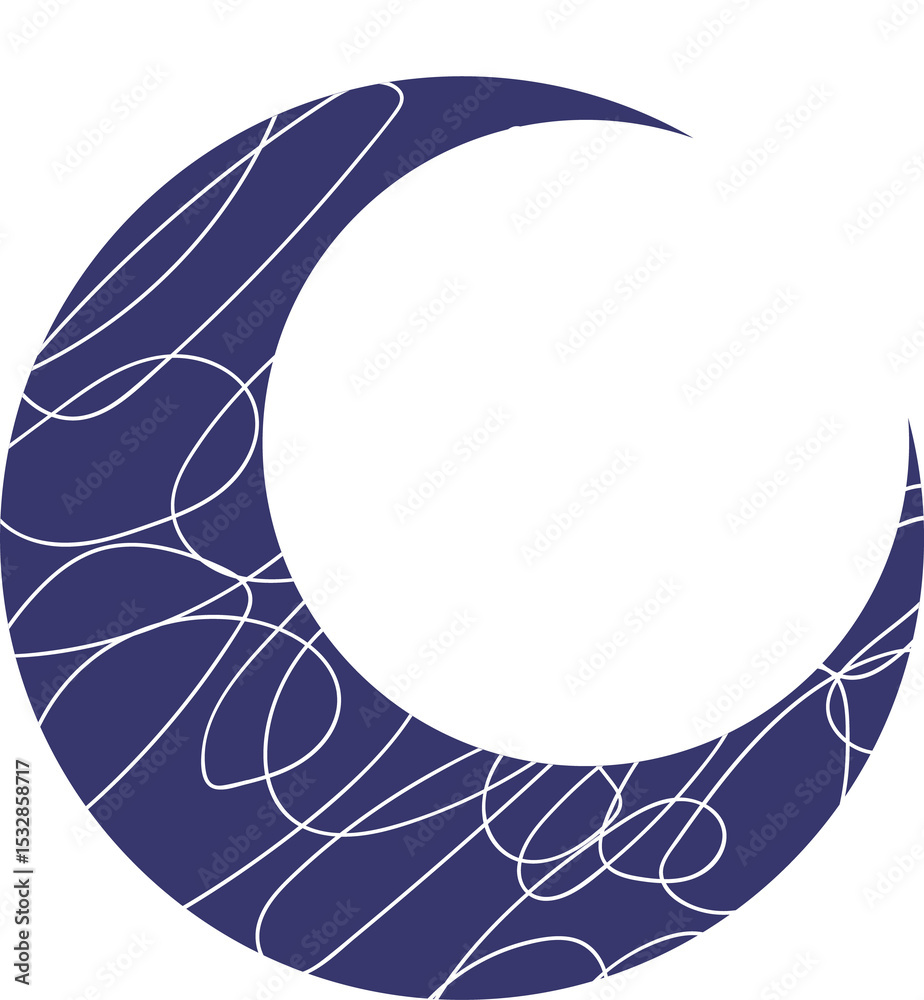 Obraz premium Showing flat navy-blue crescent moon featuring white swirls and two 4pt stars on transparent bg
