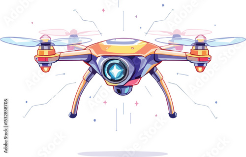 Colorful illustrated drone flying with rotating propellers and integrated camera technology.