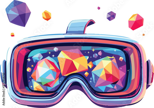Colorful low poly illustration of  vr headset displaying abstract geometric shapes.