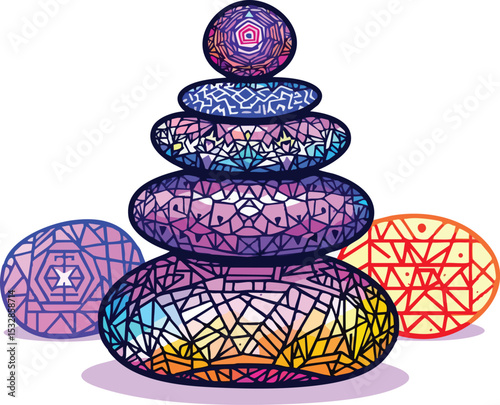 Colorful abstract stone stacking illustration representing balance spirituality and harmony.