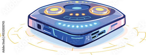 Futuristic blue tech device illustration with glowing lights and energy lines graphic.