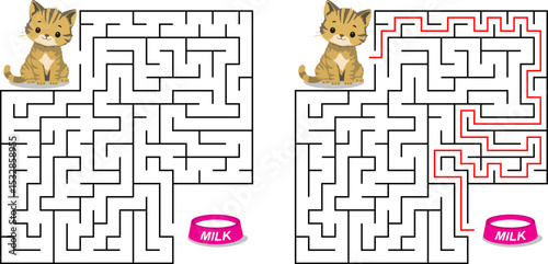 Help cat pass through maze to find a bowl with milk. Feed the hungry kitten labyrinth. Not hard logic game for kids and parents with solution isolated on white background.