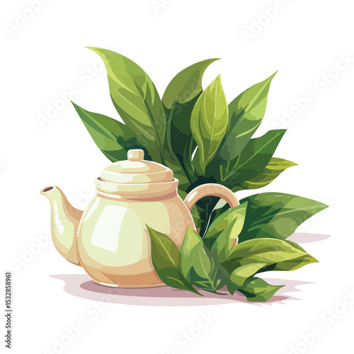 Exquisite Ceramic Teapots with Botanical Leaf Design in Vector Illustration for Drinkware Packaging