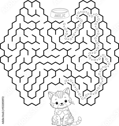 Help cat pass through maze to find a bowl with milk. Feed the hungry kitten labyrinth. Not hard logic game for kids and parents with solution isolated on white background.