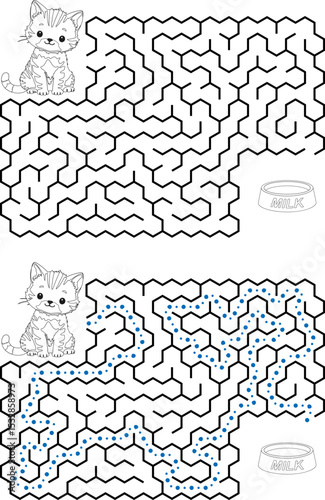 Help cat pass through maze to find a bowl with milk. Feed the hungry kitten labyrinth. Not hard logic game for kids and parents with solution isolated on white background.