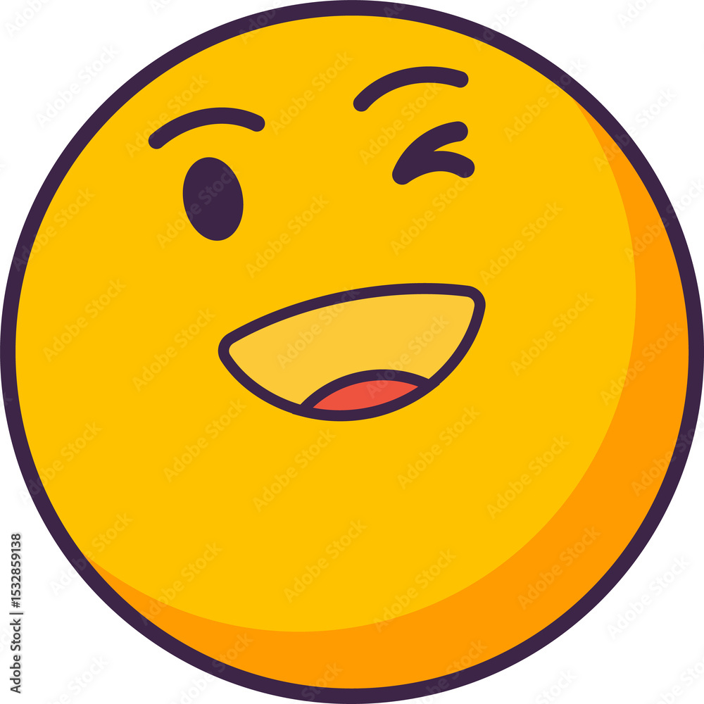 Fototapeta premium Yellow winking emoticon is showing outline, red tongue on transparent background in flat design