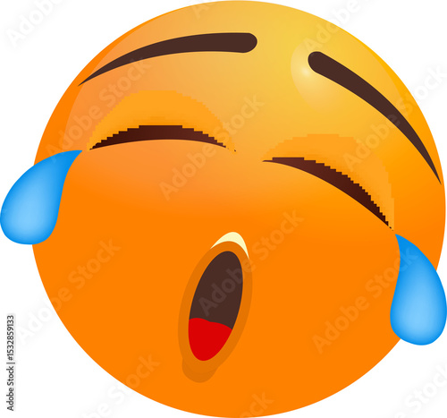 Emoji is streaming blue tears with eyelids, brows, red tongue, flat icon, transparent background